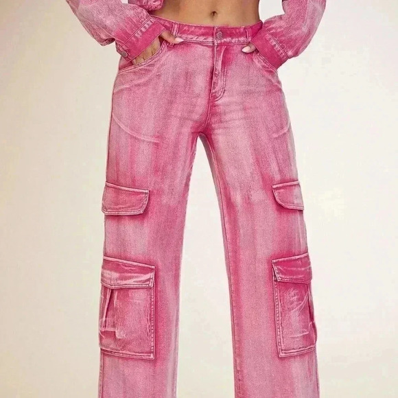 Pink Casual Womens Flap Pocket Cargo Jeans - Picture 2 of 4